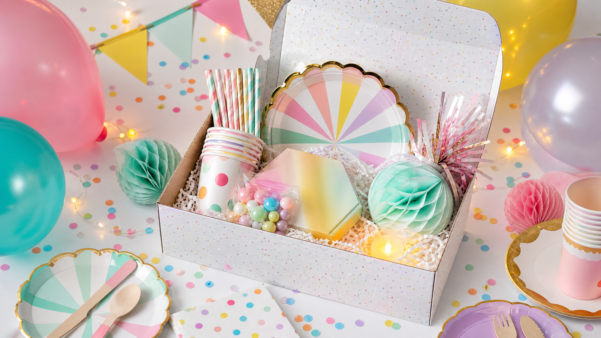 An open Bash Box party kit with a styled tablescape and confetti